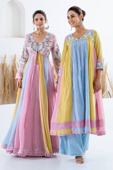 Shruti Sancheti Multi Color Silk Embroidery V-neck Blocked Anarkali With Pant at Aza Fashions Shruti Sancheti_Multi Color Silk Embroidery V-neck Blocked Anarkali With Pant _at_Aza_Fashions