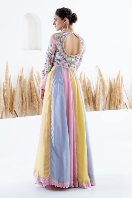 Shop_Shruti Sancheti_Multi Color Silk Embroidery, Cut Work V-neck Blocked Anarkali With Skirt _at_Aza_Fashions