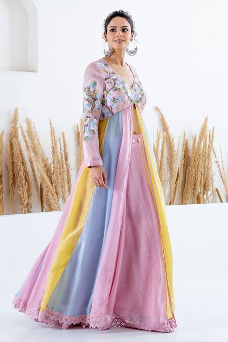Shruti Sancheti_Multi Color Silk Embroidery, Cut Work V-neck Blocked Anarkali With Skirt _Online_at_Aza_Fashions