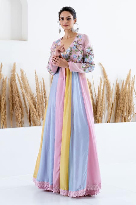 Buy_Shruti Sancheti_Multi Color Silk Embroidery, Cut Work V-neck Blocked Anarkali With Skirt _Online_at_Aza_Fashions