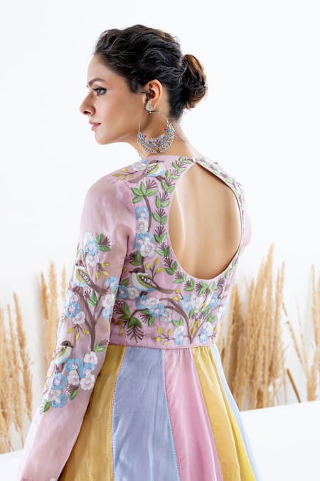 Shop_Shruti Sancheti_Multi Color Silk Embroidery, Cut Work V-neck Blocked Anarkali With Skirt _Online_at_Aza_Fashions