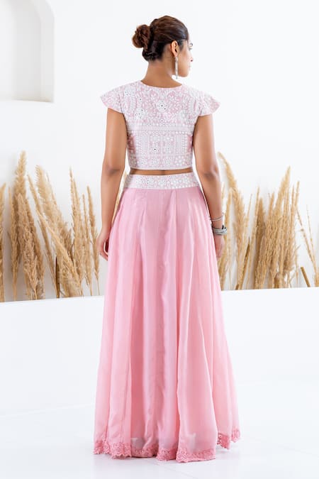 Shop Shruti Sancheti Pink Silk Mirrors Round Neck Embroidered Crop Top With Kalidaar Skirt at Aza Fashions Shop_Shruti Sancheti_Pink Silk Mirrors Round Neck Embroidered Crop Top With Kalidaar Skirt _at_Aza_Fashions