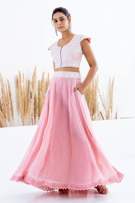 Buy Shruti Sancheti Pink Silk Mirrors Round Neck Embroidered Crop Top With Kalidaar Skirt Online at Aza Fashions Buy_Shruti Sancheti_Pink Silk Mirrors Round Neck Embroidered Crop Top With Kalidaar Skirt _Online_at_Aza_Fashions
