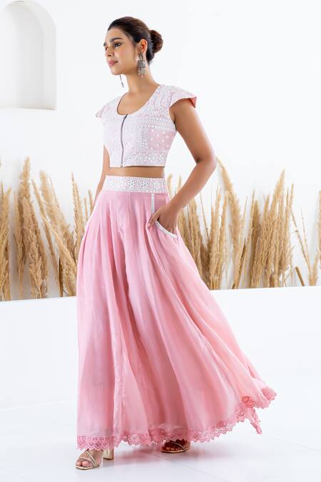 Shop Shruti Sancheti Pink Silk Mirrors Round Neck Embroidered Crop Top With Kalidaar Skirt Online at Aza Fashions Shop_Shruti Sancheti_Pink Silk Mirrors Round Neck Embroidered Crop Top With Kalidaar Skirt _Online_at_Aza_Fashions