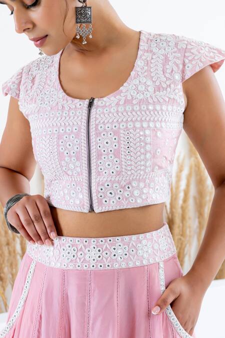 Shruti Sancheti Pink Silk Mirrors Round Neck Embroidered Crop Top With Kalidaar Skirt at Aza Fashions Shruti Sancheti_Pink Silk Mirrors Round Neck Embroidered Crop Top With Kalidaar Skirt _at_Aza_Fashions