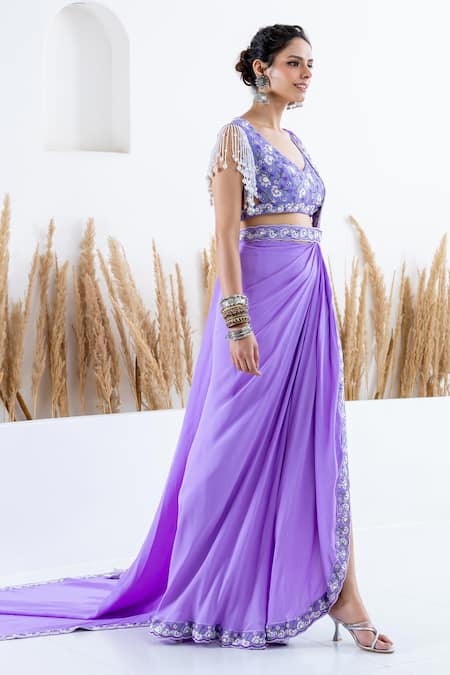 Shruti Sancheti_Purple Crepe Embroidery, Beads V-neck Floral Pre-draped Saree And Blouse Set _Online_at_Aza_Fashions