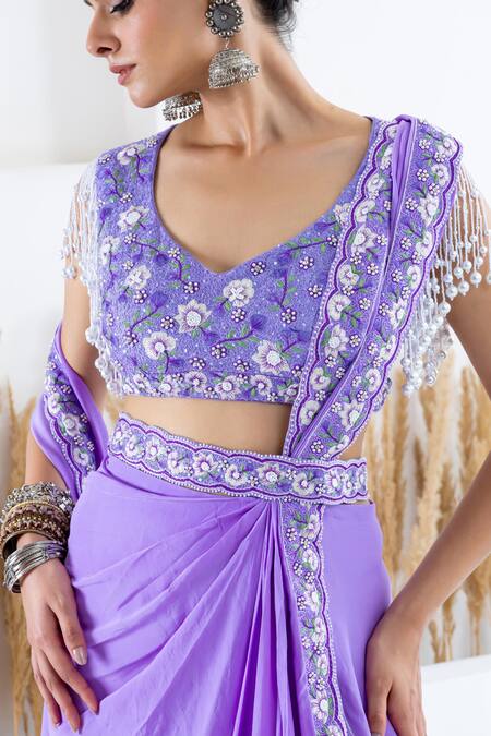 Buy_Shruti Sancheti_Purple Crepe Embroidery, Beads V-neck Floral Pre-draped Saree And Blouse Set _Online_at_Aza_Fashions