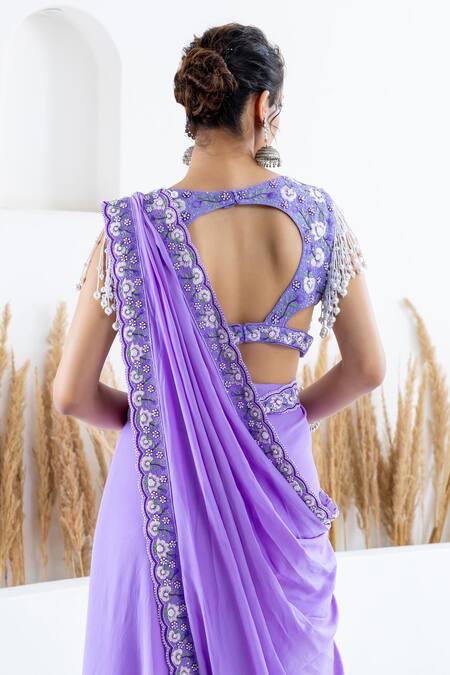 Shop_Shruti Sancheti_Purple Crepe Embroidery, Beads V-neck Floral Pre-draped Saree And Blouse Set _Online_at_Aza_Fashions