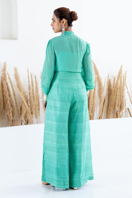 Shop Shruti Sancheti Green Silk Beads, Embroidery Polo Collar Floral Shirt With Flared Pant at Aza Fashions Shop_Shruti Sancheti_Green Silk Beads, Embroidery Polo Collar Floral Shirt With Flared Pant _at_Aza_Fashions