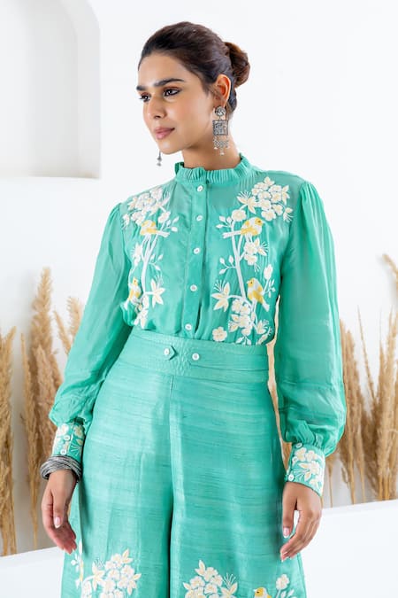 Shruti Sancheti Green Silk Beads, Embroidery Polo Collar Floral Shirt With Flared Pant Online at Aza Fashions Shruti Sancheti_Green Silk Beads, Embroidery Polo Collar Floral Shirt With Flared Pant _Online_at_Aza_Fashions