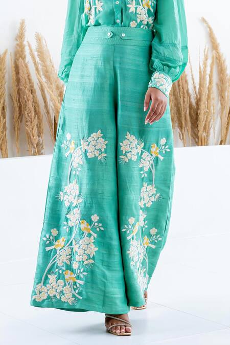 Buy Shruti Sancheti Green Silk Beads, Embroidery Polo Collar Floral Shirt With Flared Pant Online at Aza Fashions Buy_Shruti Sancheti_Green Silk Beads, Embroidery Polo Collar Floral Shirt With Flared Pant _Online_at_Aza_Fashions