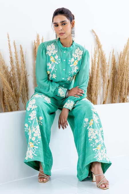Shop Shruti Sancheti Green Silk Beads, Embroidery Polo Collar Floral Shirt With Flared Pant Online at Aza Fashions Shop_Shruti Sancheti_Green Silk Beads, Embroidery Polo Collar Floral Shirt With Flared Pant _Online_at_Aza_Fashions