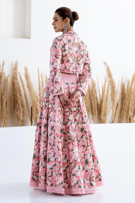 Shop Shruti Sancheti Pink Silk Beads, Embroidery Shawl Neck Flora And Fauna Skirt With Crop Top at Aza Fashions Shop_Shruti Sancheti_Pink Silk Beads, Embroidery Shawl Neck Flora And Fauna Skirt With Crop Top _at_Aza_Fashions
