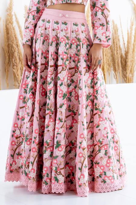 Shruti Sancheti Pink Silk Beads, Embroidery Shawl Neck Flora And Fauna Skirt With Crop Top Online at Aza Fashions Shruti Sancheti_Pink Silk Beads, Embroidery Shawl Neck Flora And Fauna Skirt With Crop Top _Online_at_Aza_Fashions