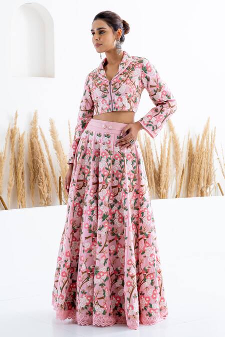 Buy Shruti Sancheti Pink Silk Beads, Embroidery Shawl Neck Flora And Fauna Skirt With Crop Top Online at Aza Fashions Buy_Shruti Sancheti_Pink Silk Beads, Embroidery Shawl Neck Flora And Fauna Skirt With Crop Top _Online_at_Aza_Fashions