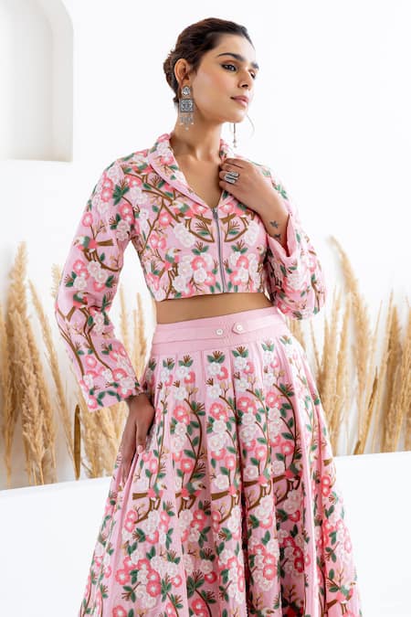 Shop Shruti Sancheti Pink Silk Beads, Embroidery Shawl Neck Flora And Fauna Skirt With Crop Top Online at Aza Fashions Shop_Shruti Sancheti_Pink Silk Beads, Embroidery Shawl Neck Flora And Fauna Skirt With Crop Top _Online_at_Aza_Fashions