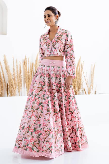 Shruti Sancheti Pink Silk Beads, Embroidery Shawl Neck Flora And Fauna Skirt With Crop Top at Aza Fashions Shruti Sancheti_Pink Silk Beads, Embroidery Shawl Neck Flora And Fauna Skirt With Crop Top _at_Aza_Fashions