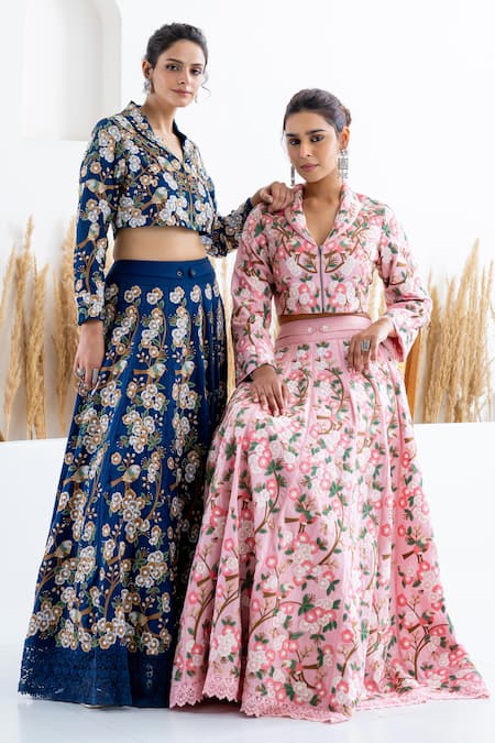 Buy Shruti Sancheti Pink Silk Beads, Embroidery Shawl Neck Flora And Fauna Skirt With Crop Top Buy_Shruti Sancheti_Pink Silk Beads, Embroidery Shawl Neck Flora And Fauna Skirt With Crop Top