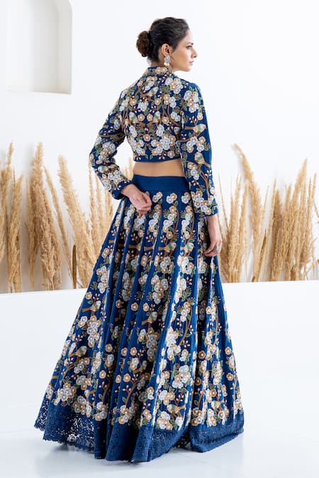 Shop Shruti Sancheti Blue Silk Beads, Embroidery Shawl Neck Flora And Fauna Thread Skirt With Crop Top at Aza Fashions Shop_Shruti Sancheti_Blue Silk Beads, Embroidery Shawl Neck Flora And Fauna Thread Skirt With Crop Top _at_Aza_Fashions
