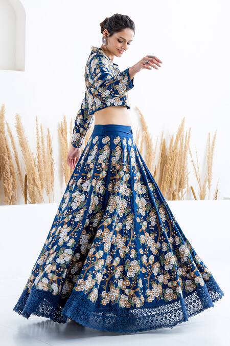 Shruti Sancheti Blue Silk Beads, Embroidery Shawl Neck Flora And Fauna Thread Skirt With Crop Top Online at Aza Fashions Shruti Sancheti_Blue Silk Beads, Embroidery Shawl Neck Flora And Fauna Thread Skirt With Crop Top _Online_at_Aza_Fashions
