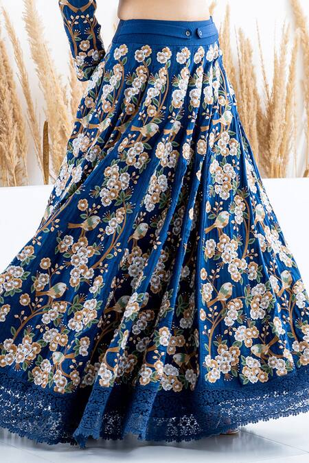 Buy Shruti Sancheti Blue Silk Beads, Embroidery Shawl Neck Flora And Fauna Thread Skirt With Crop Top Online at Aza Fashions Buy_Shruti Sancheti_Blue Silk Beads, Embroidery Shawl Neck Flora And Fauna Thread Skirt With Crop Top _Online_at_Aza_Fashions