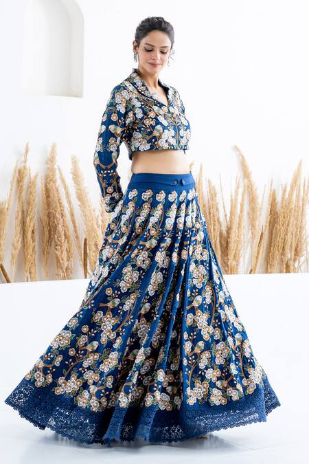 Shop Shruti Sancheti Blue Silk Beads, Embroidery Shawl Neck Flora And Fauna Thread Skirt With Crop Top Online at Aza Fashions Shop_Shruti Sancheti_Blue Silk Beads, Embroidery Shawl Neck Flora And Fauna Thread Skirt With Crop Top _Online_at_Aza_Fashions