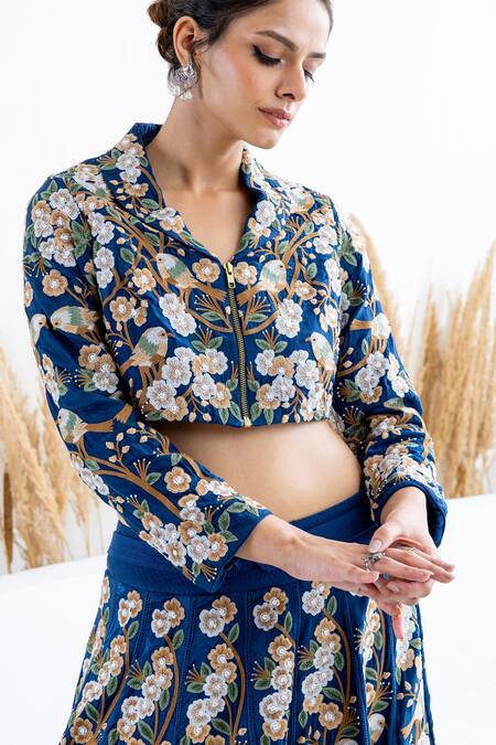 Shruti Sancheti Blue Silk Beads, Embroidery Shawl Neck Flora And Fauna Thread Skirt With Crop Top at Aza Fashions Shruti Sancheti_Blue Silk Beads, Embroidery Shawl Neck Flora And Fauna Thread Skirt With Crop Top _at_Aza_Fashions