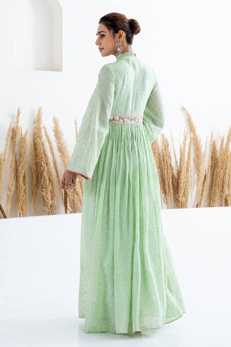 Shop Shruti Sancheti Green Silk Beads, Embroidery Collared Floral Gathered Maxi Dress at Aza Fashions Shop_Shruti Sancheti_Green Silk Beads, Embroidery Collared Floral Gathered Maxi Dress _at_Aza_Fashions