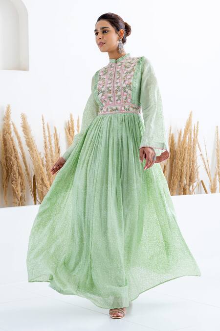 Shruti Sancheti Green Silk Beads, Embroidery Collared Floral Gathered Maxi Dress Online at Aza Fashions Shruti Sancheti_Green Silk Beads, Embroidery Collared Floral Gathered Maxi Dress _Online_at_Aza_Fashions