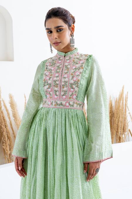 Shop Shruti Sancheti Green Silk Beads, Embroidery Collared Floral Gathered Maxi Dress Online at Aza Fashions Shop_Shruti Sancheti_Green Silk Beads, Embroidery Collared Floral Gathered Maxi Dress _Online_at_Aza_Fashions