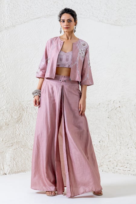 Shruti Sancheti Pink Silk Embroidered Sequin Jacket Front Open Pant Set 