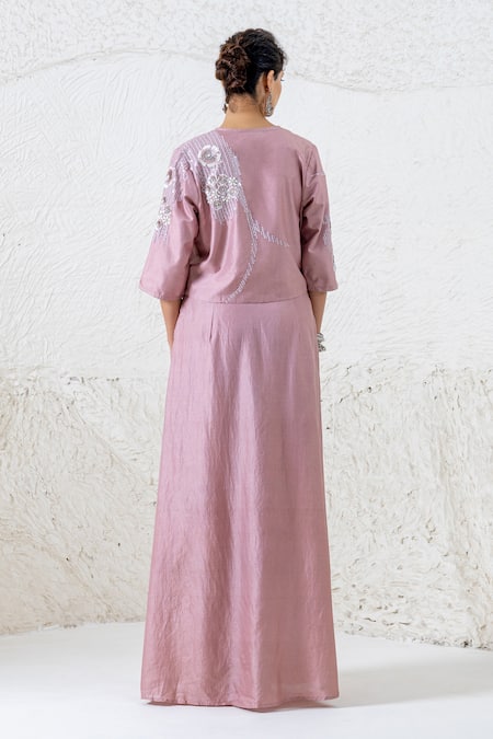Shop Shruti Sancheti Pink Silk Sequins Open , Sweetheart Embroidered Jacket Pant Set at Aza Fashions Shop_Shruti Sancheti_Pink Silk Sequins Open , Sweetheart Embroidered Jacket Pant Set _at_Aza_Fashions