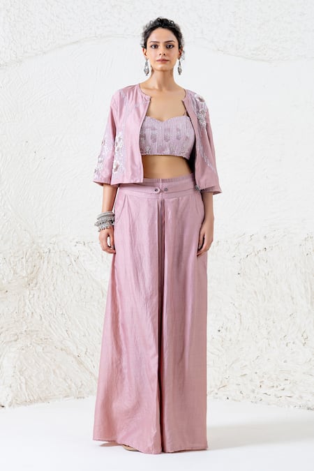Shruti Sancheti Pink Silk Sequins Open , Sweetheart Embroidered Jacket Pant Set Online at Aza Fashions Shruti Sancheti_Pink Silk Sequins Open , Sweetheart Embroidered Jacket Pant Set _Online_at_Aza_Fashions