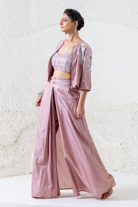 Buy Shruti Sancheti Pink Silk Sequins Open , Sweetheart Embroidered Jacket Pant Set Online at Aza Fashions Buy_Shruti Sancheti_Pink Silk Sequins Open , Sweetheart Embroidered Jacket Pant Set _Online_at_Aza_Fashions