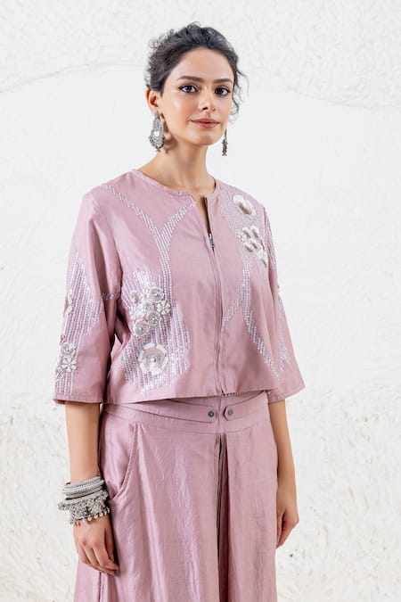 Shop Shruti Sancheti Pink Silk Sequins Open , Sweetheart Embroidered Jacket Pant Set Online at Aza Fashions Shop_Shruti Sancheti_Pink Silk Sequins Open , Sweetheart Embroidered Jacket Pant Set _Online_at_Aza_Fashions