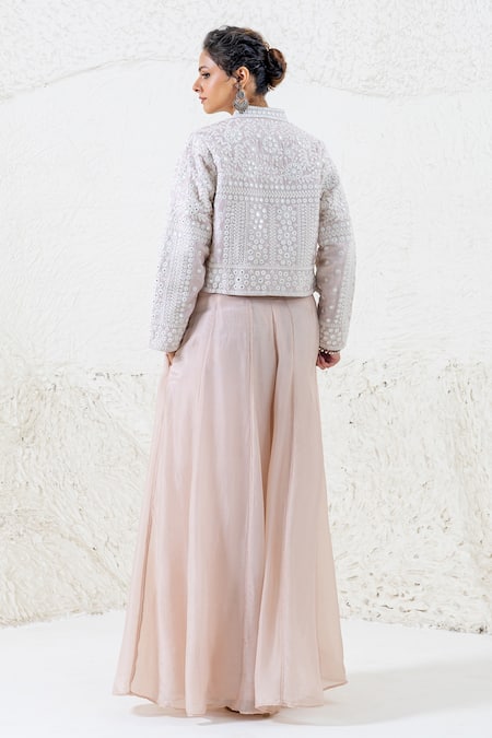 Shop_Shruti Sancheti_Beige Silk Mirrors, Embroidery, Lace Sweetheart Neck, Crop Jacket Bustier Set _at_Aza_Fashions