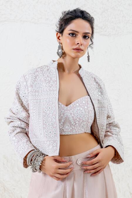 Shruti Sancheti_Beige Silk Mirrors, Embroidery, Lace Sweetheart Neck, Crop Jacket Bustier Set _Online_at_Aza_Fashions