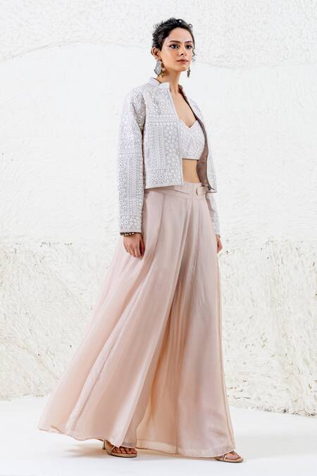 Buy_Shruti Sancheti_Beige Silk Mirrors, Embroidery, Lace Sweetheart Neck, Crop Jacket Bustier Set _Online_at_Aza_Fashions