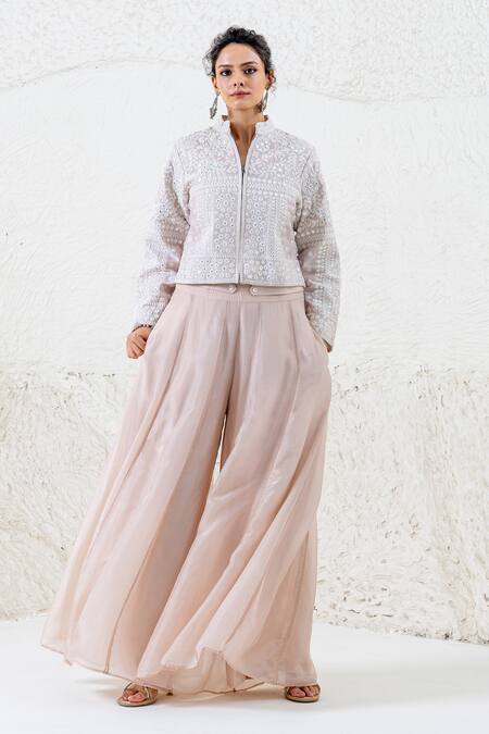 Shop_Shruti Sancheti_Beige Silk Mirrors, Embroidery, Lace Sweetheart Neck, Crop Jacket Bustier Set _Online_at_Aza_Fashions