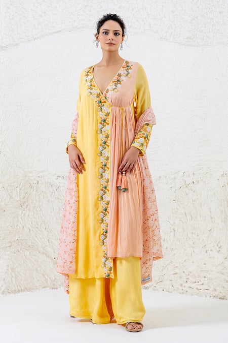 Shruti Sancheti Yellow Pearl Crepe Embroidered Floral Bird V-neck Angarkha Pant Set 