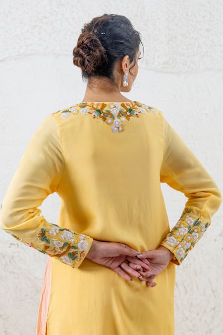 Shop Shruti Sancheti Yellow Crepe, Cotton Tassels, Lace, Embroidery Floral Bird Angarkha Pant Set at Aza Fashions Shop_Shruti Sancheti_Yellow Crepe, Cotton Tassels, Lace, Embroidery Floral Bird Angarkha Pant Set _at_Aza_Fashions