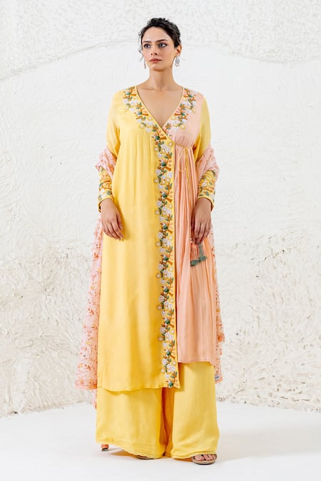 Shruti Sancheti Yellow Crepe, Cotton Tassels, Lace, Embroidery Floral Bird Angarkha Pant Set Online at Aza Fashions Shruti Sancheti_Yellow Crepe, Cotton Tassels, Lace, Embroidery Floral Bird Angarkha Pant Set _Online_at_Aza_Fashions
