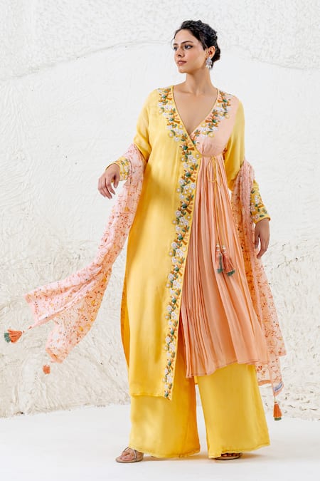 Buy Shruti Sancheti Yellow Crepe, Cotton Tassels, Lace, Embroidery Floral Bird Angarkha Pant Set Online at Aza Fashions Buy_Shruti Sancheti_Yellow Crepe, Cotton Tassels, Lace, Embroidery Floral Bird Angarkha Pant Set _Online_at_Aza_Fashions