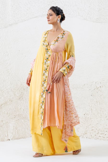 Shop Shruti Sancheti Yellow Crepe, Cotton Tassels, Lace, Embroidery Floral Bird Angarkha Pant Set Online at Aza Fashions Shop_Shruti Sancheti_Yellow Crepe, Cotton Tassels, Lace, Embroidery Floral Bird Angarkha Pant Set _Online_at_Aza_Fashions