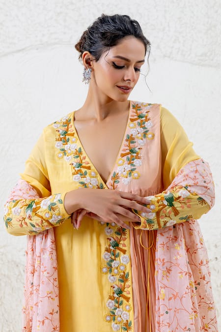 Shruti Sancheti Yellow Crepe, Cotton Tassels, Lace, Embroidery Floral Bird Angarkha Pant Set at Aza Fashions Shruti Sancheti_Yellow Crepe, Cotton Tassels, Lace, Embroidery Floral Bird Angarkha Pant Set _at_Aza_Fashions