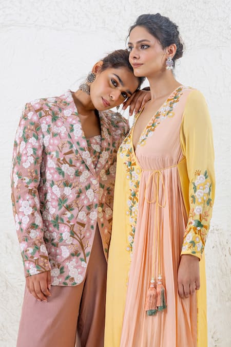 Buy Shruti Sancheti Yellow Crepe, Cotton Tassels, Lace, Embroidery Floral Bird Angarkha Pant Set Buy_Shruti Sancheti_Yellow Crepe, Cotton Tassels, Lace, Embroidery Floral Bird Angarkha Pant Set