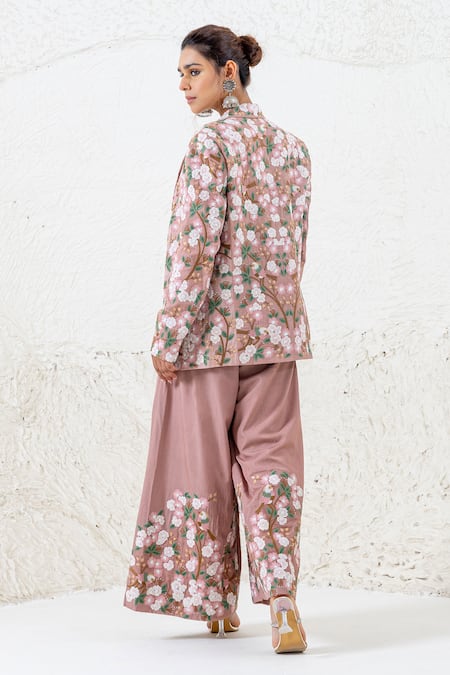 Shop Shruti Sancheti Pink Silk Embroidery Sweetheart Neck Floral Bird Blazer Pant Set at Aza Fashions Shop_Shruti Sancheti_Pink Silk Embroidery Sweetheart Neck Floral Bird Blazer Pant Set _at_Aza_Fashions