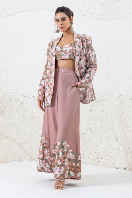 Shruti Sancheti Pink Silk Embroidery Sweetheart Neck Floral Bird Blazer Pant Set Online at Aza Fashions Shruti Sancheti_Pink Silk Embroidery Sweetheart Neck Floral Bird Blazer Pant Set _Online_at_Aza_Fashions
