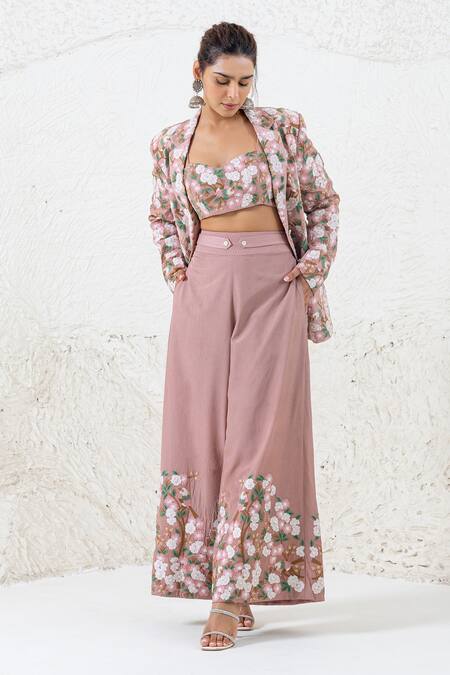 Buy Shruti Sancheti Pink Silk Embroidery Sweetheart Neck Floral Bird Blazer Pant Set Online at Aza Fashions Buy_Shruti Sancheti_Pink Silk Embroidery Sweetheart Neck Floral Bird Blazer Pant Set _Online_at_Aza_Fashions