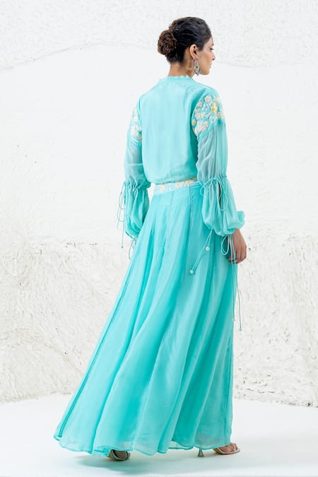 Shop Shruti Sancheti Blue Hemp Embroidery, Lace Bandeau Neck Floral Shirt With Skirt at Aza Fashions Shop_Shruti Sancheti_Blue Hemp Embroidery, Lace Bandeau Neck Floral Shirt With Skirt _at_Aza_Fashions